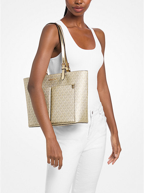 Jet Set Medium Metallic Signature Logo Pocket Tote Bag