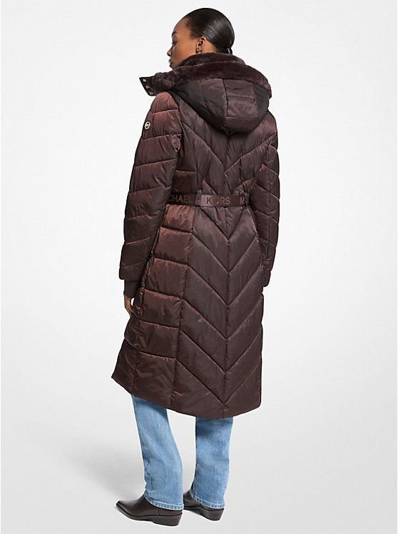 Faux Fur Trim Belted Puffer Coat