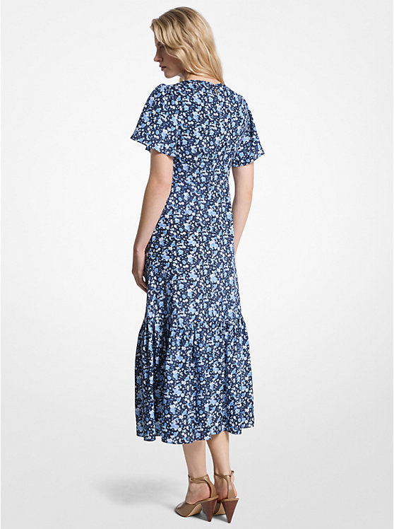 Floral Print Viscose and Silk Blend Midi Dress