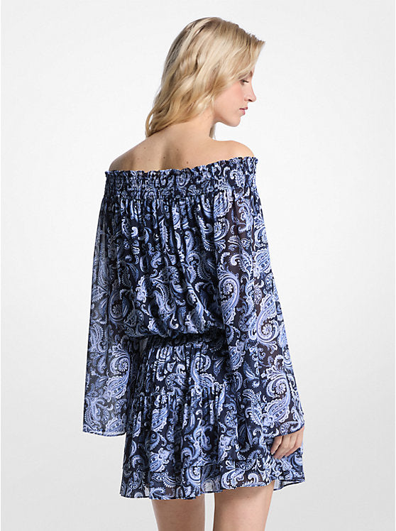 Paisley Georgette Off-The-Shoulder Dress