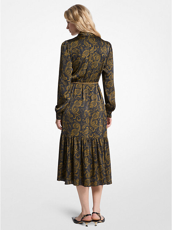 Paisley Print Satin Tie-Neck Midi Dress