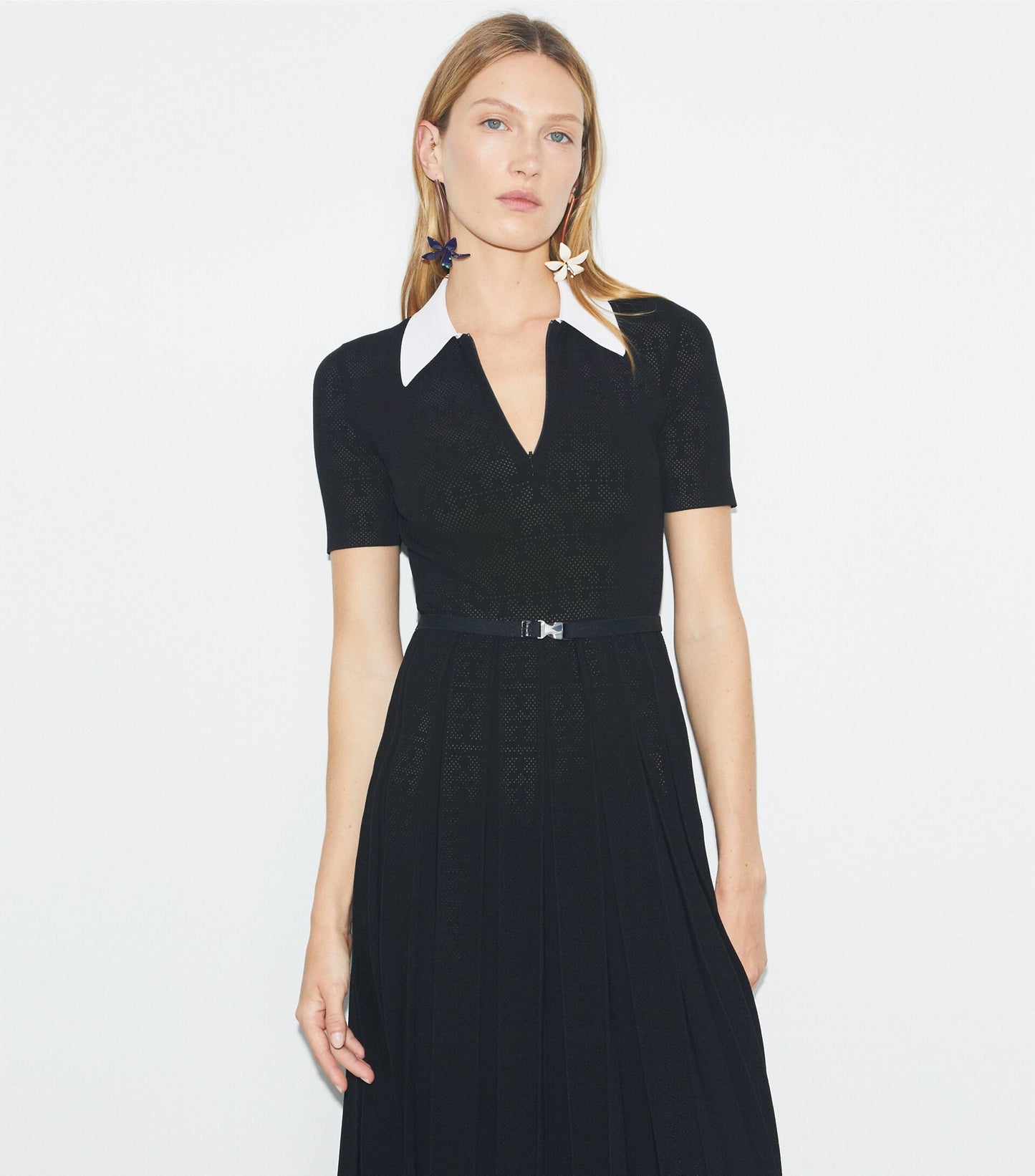 T Monogram Pointelle Pleated Dress