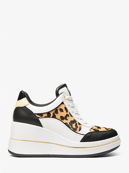 Emmy Leather and Leopard Print Calf Hair Wedge Trainer