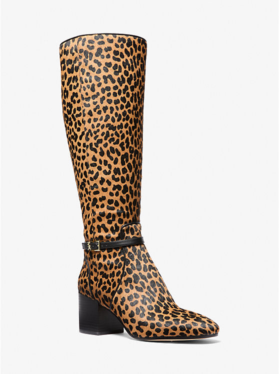 Ella Leopard Print Calf Hair Wide Calf Block Heel Boot