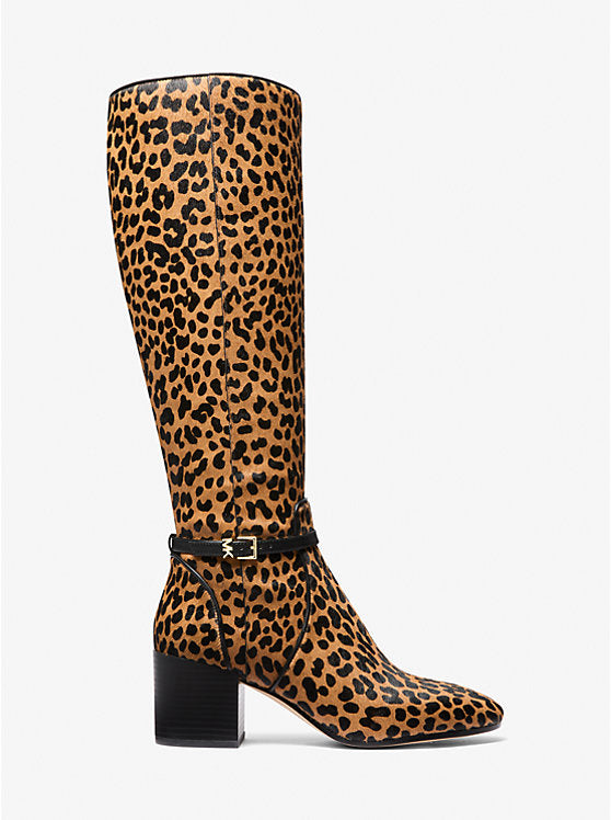 Ella Leopard Print Calf Hair Wide Calf Block Heel Boot