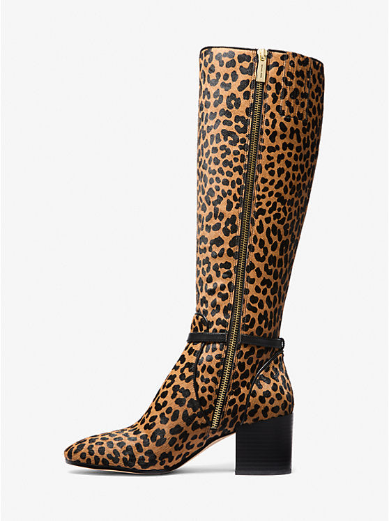 Ella Leopard Print Calf Hair Wide Calf Block Heel Boot