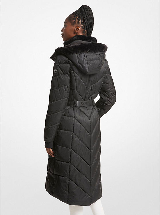 Faux Fur Trim Belted Puffer Coat