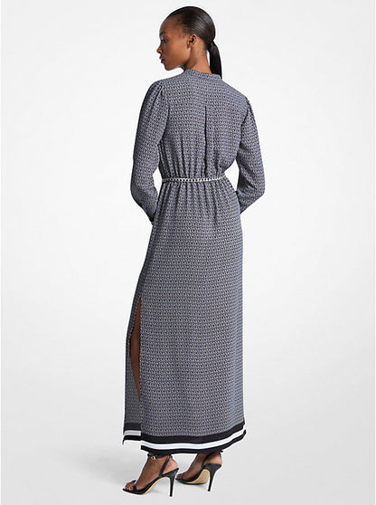 Logo Print Satin Belted Maxi Dress