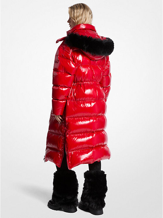 Faux Fur Trim Nylon Ciré Puffer Coat