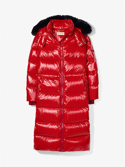 Faux Fur Trim Nylon Ciré Puffer Coat