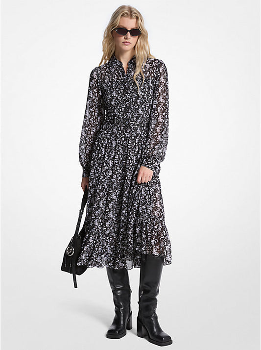 Floral Print Smocked Georgette Shirtdress