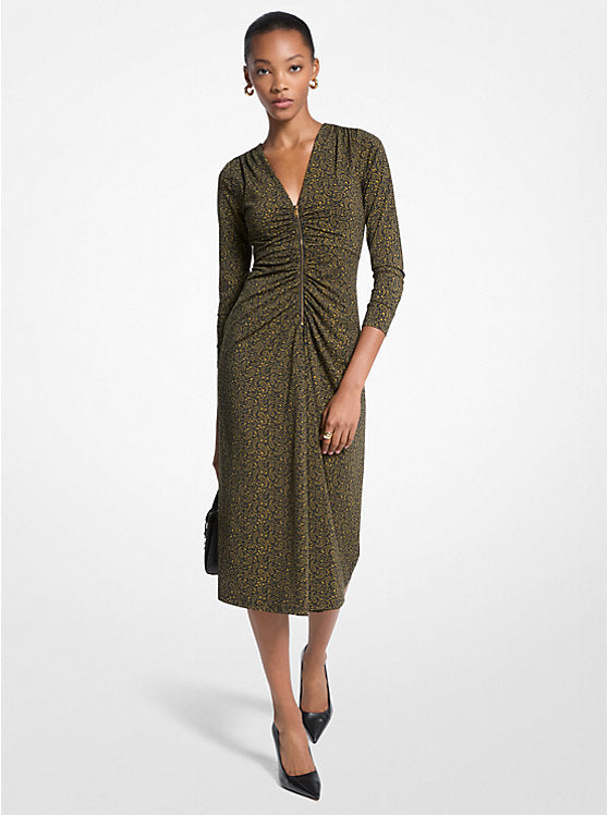Paisley Print Stretch Matte Jersey Midi Dress
