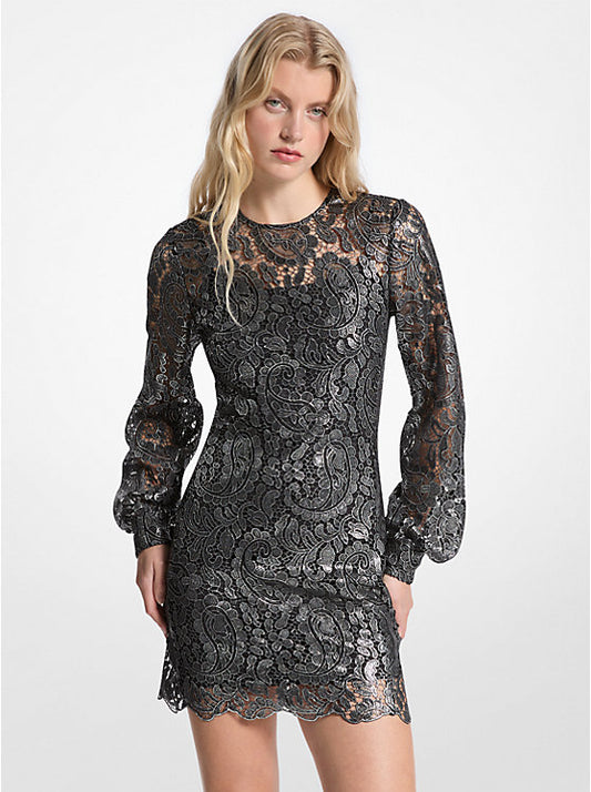 Metallic Paisley Lace Mini Dress