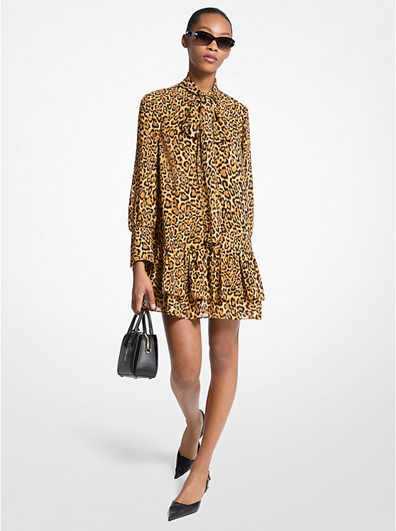 Leopard Print Georgette Tie-Neck Dress