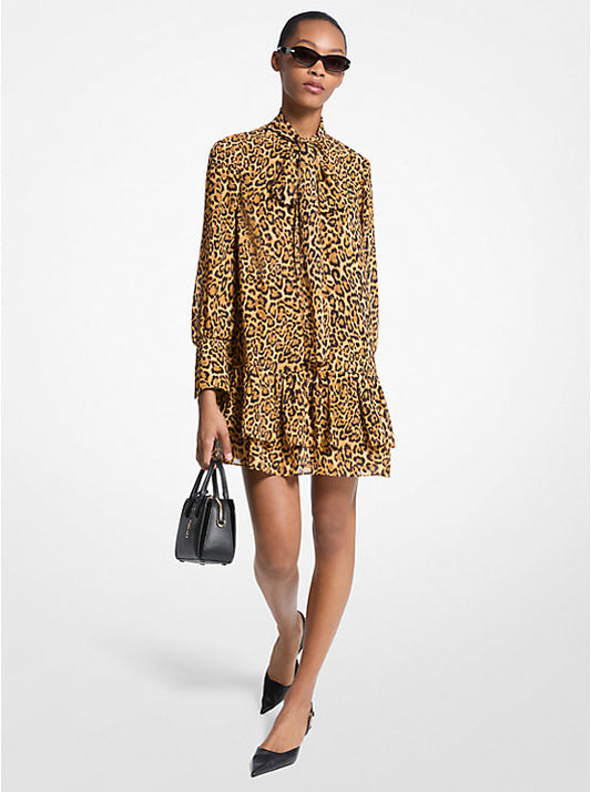 Leopard Print Georgette Tie-Neck Dress