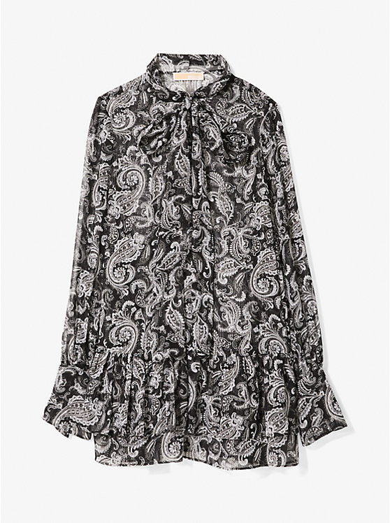 Metallic Paisley Georgette Tie-Neck Dress