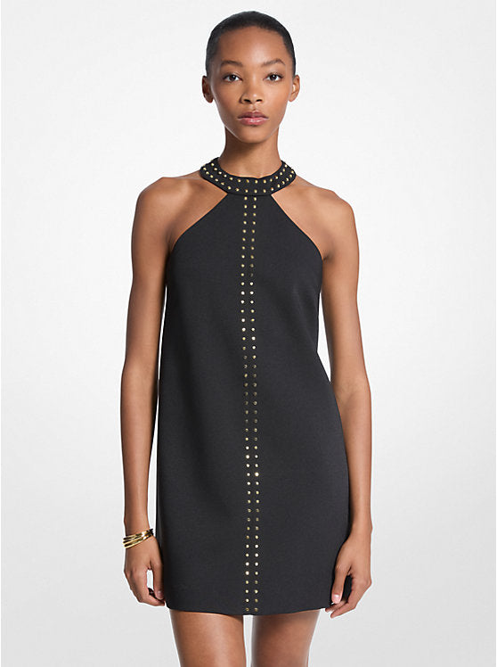 Studded Stretch Crepe Halter Mini Dress