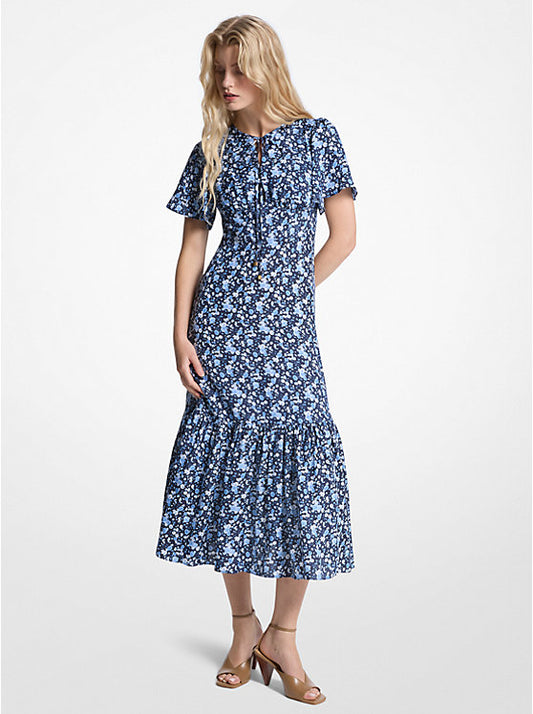 Floral Print Viscose and Silk Blend Midi Dress