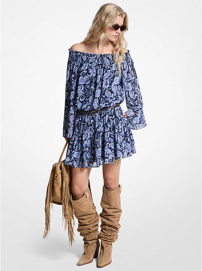 Paisley Georgette Off-The-Shoulder Dress
