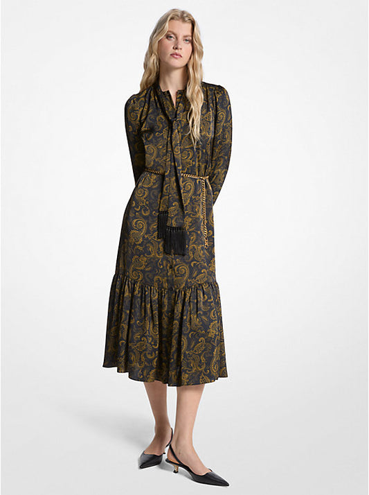 Paisley Print Satin Tie-Neck Midi Dress