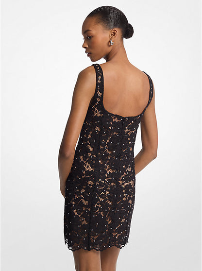 Studded Corded Floral Lace Mini Dress