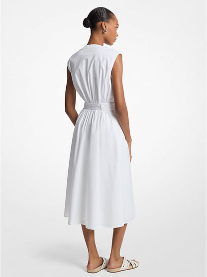 Stretch Cotton Poplin Belted Midi Dress