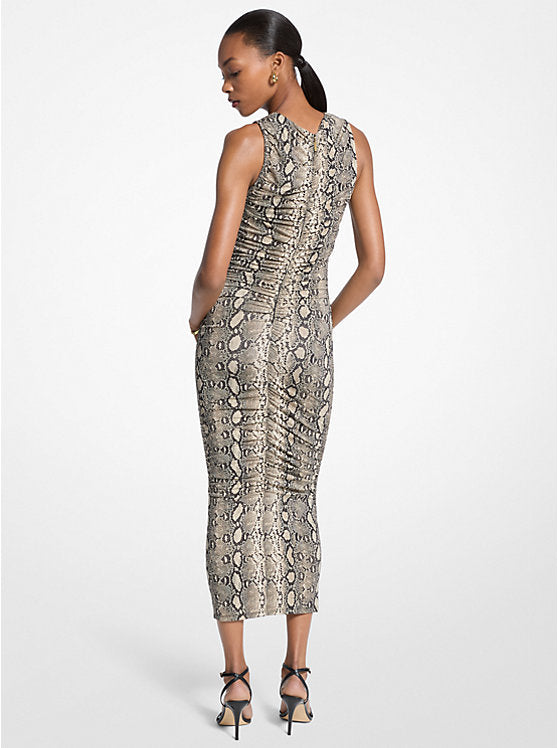 Snake Print Stretch Jersey Ruched Midi Dress