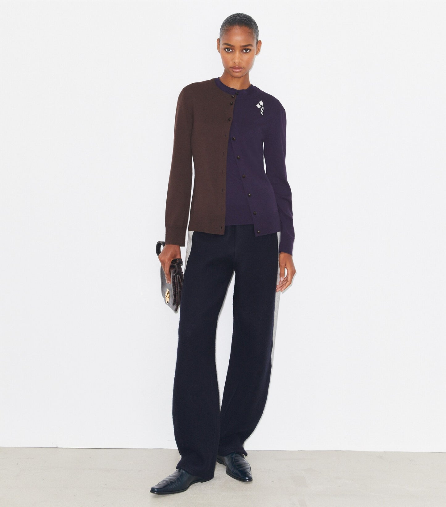 Brooch Color-Block Wool Cardigan