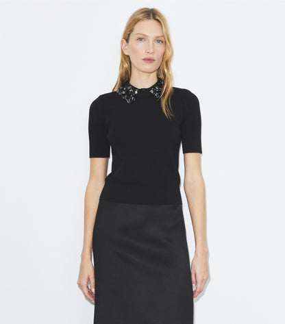 Embellished Collar Short-Sleeve Top