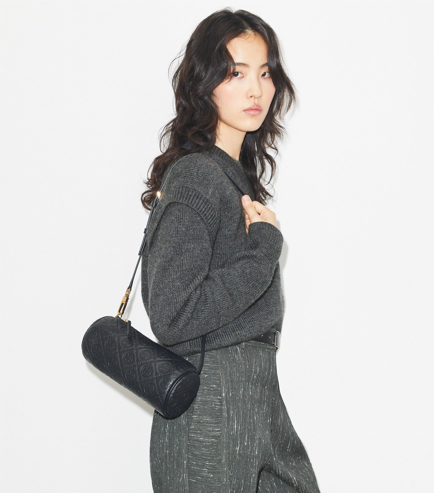 T Monogram Pebbled Cylinder Bag