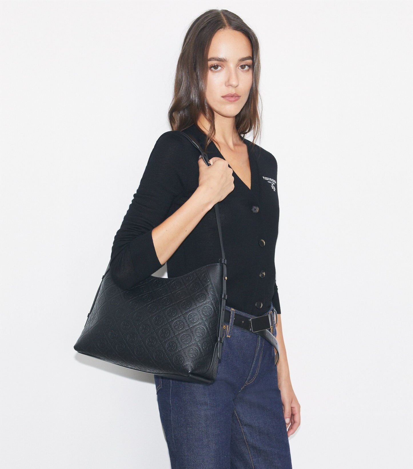 T Monogram Pebbled Messenger Bag