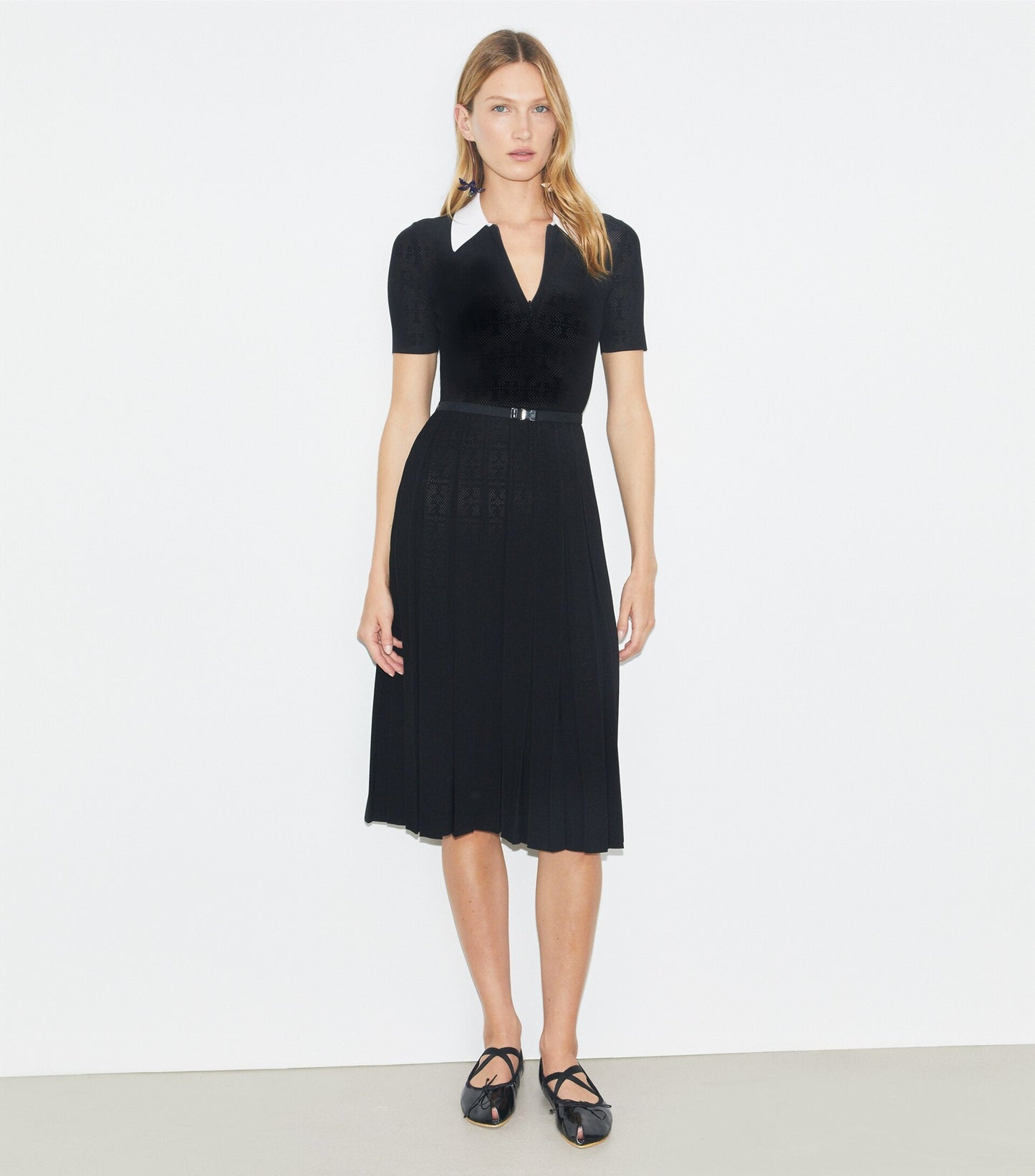 T Monogram Pointelle Pleated Dress