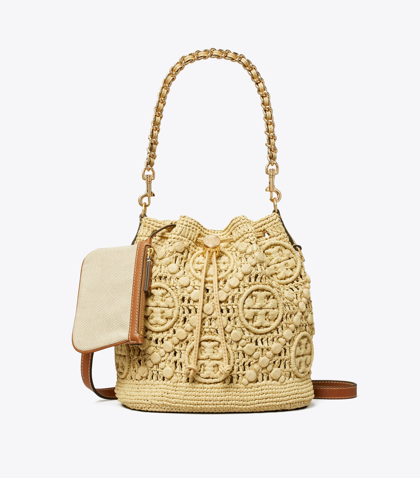 T Monogram Raffia Bucket Bag